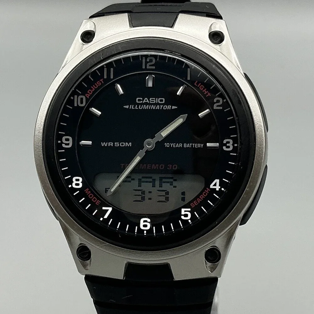 Casio 2747 AW-80 Mens Watch 40mm Black Dial Telememo 30 Resin World Time